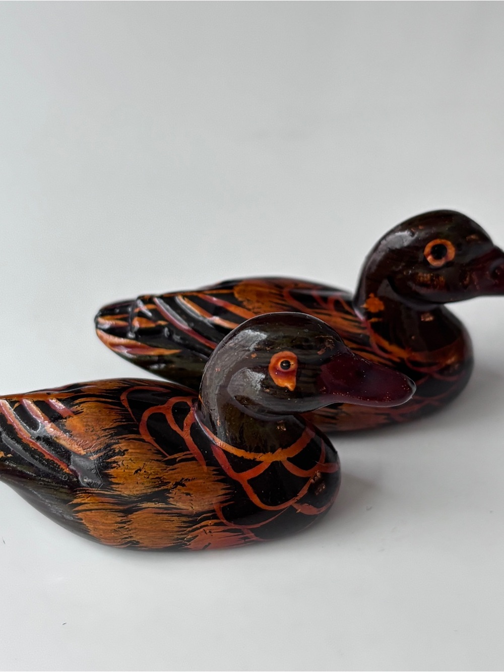 Vintage Wooden Hand-Painted Duck Figurines in Black and Orange pair (Set of 2)